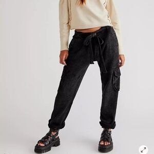 Free People ONE Frankie Thermal Cargo‎ Pants Black Waffle Knit Slouchy